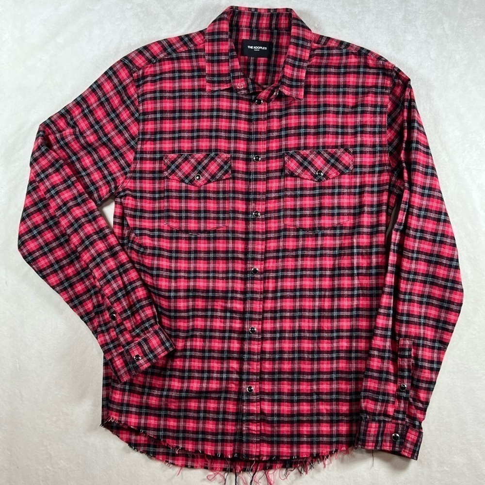 The Kooples Paris Large Red and Black Plaid Shirt Fringe Hem Snap Pearl Buttons